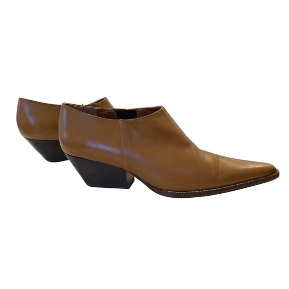 Michael Kors Cognac Leather Ankle Boots 37 US 6 6.5 Low Heel Pointed Toe Italy - Picture 1 of 13